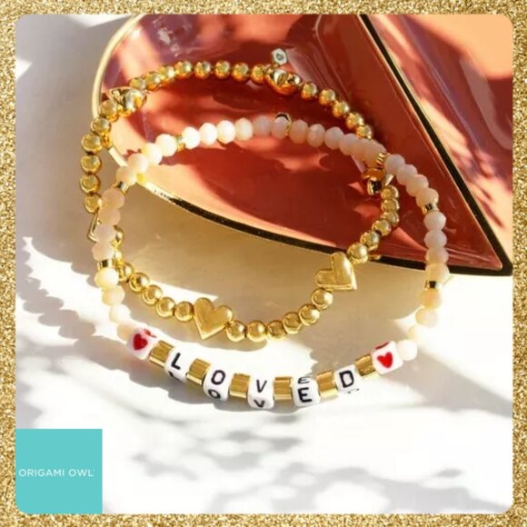 "Loved" Gold & Blush Beaded Stretch Bracelets Set of 2 by Origami Owl NWOT - Picture 2 of 3